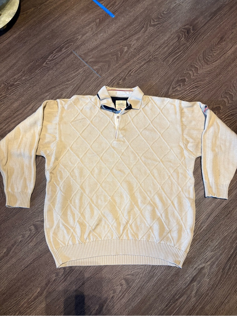 Classic Cream Diamond-Knit V-Neck Polo Sweater